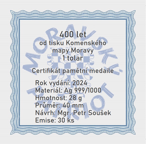 Moravský tolar 2024 k výročí 400 let od tisku mapy Moravy od J. A. Komanského (s pořadovým číslem)