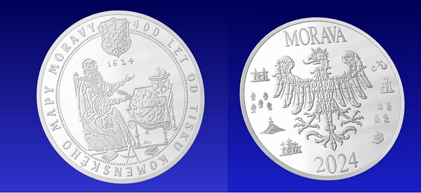 Moravský tolar 2024 k výročí 400 let od tisku mapy Moravy od J. A. Komanského (s pořadovým číslem)