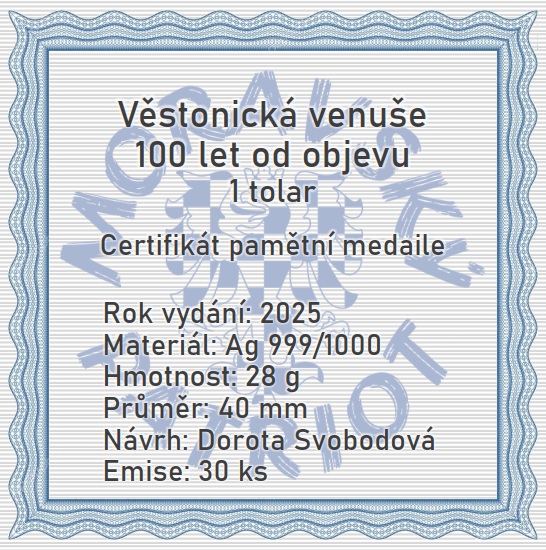 Moravský tolar 2025 k výročí 100 let od nálezu Věstonické Venuše