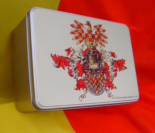 Plechová dóza velká stříbrná s úplným moravským znakem