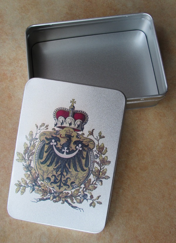 Plechová dóza stříbrná s emblémem Slezského knížectví